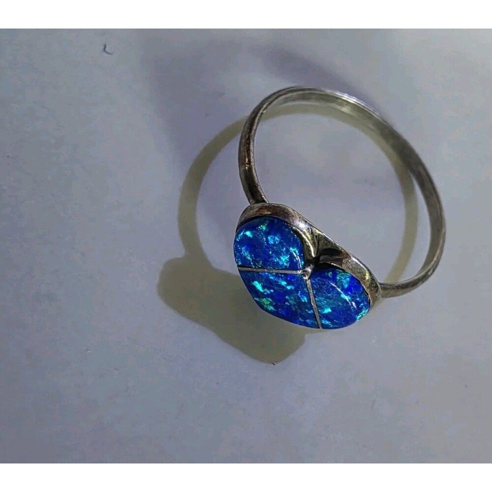 Sterling Silver(?) Blue Opal Heart Band Ring Love Zuni Hawaiian Dainty Size 6